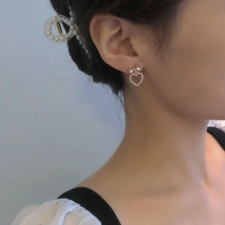 S925銀針時尚鑲鑽耳環唯美小清新蝴蝶結少女耳飾