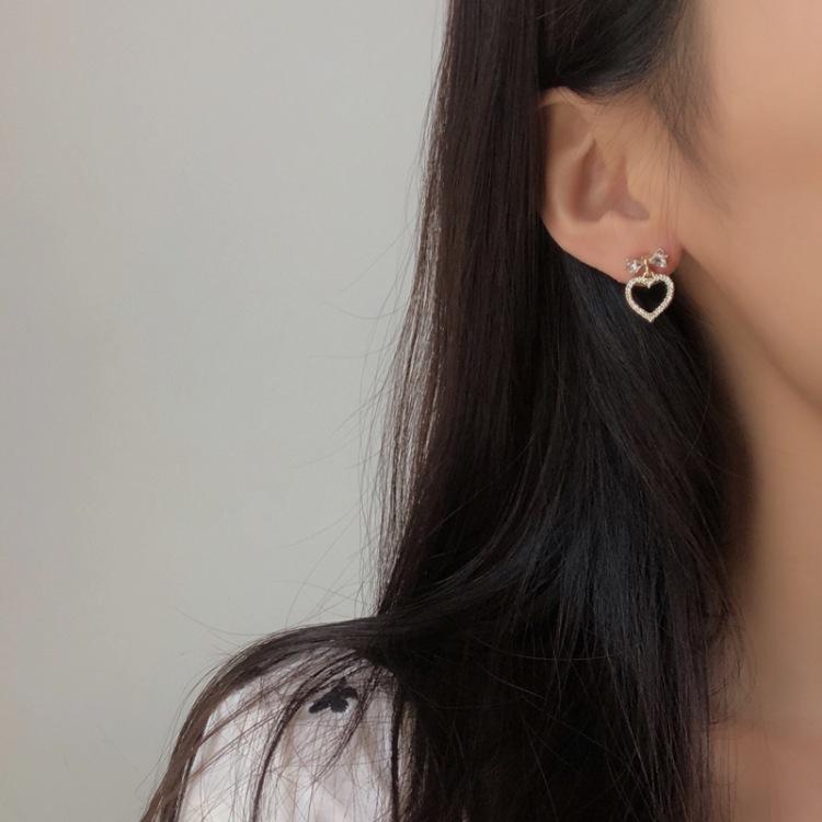 S925銀針時尚鑲鑽耳環唯美小清新蝴蝶結少女耳飾