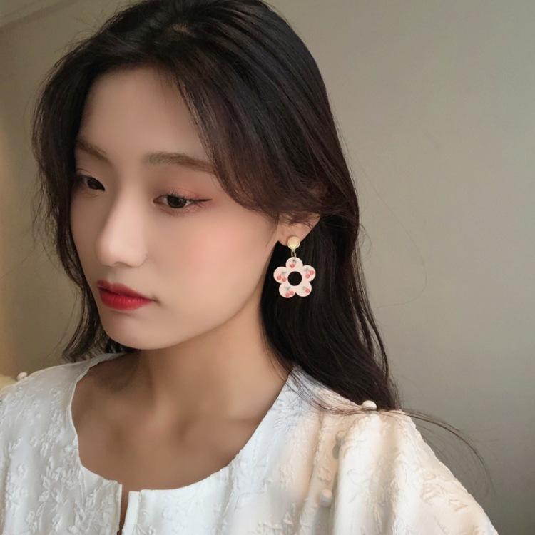 S925銀針清新可愛夏日櫻桃少女甜美花朵耳釘氣質耳飾
