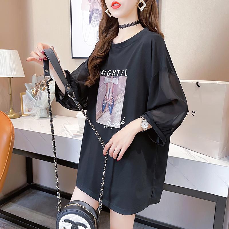 夏季韓版性感蕾絲露背圓領印花微透袖口上衣2色 M-2XL