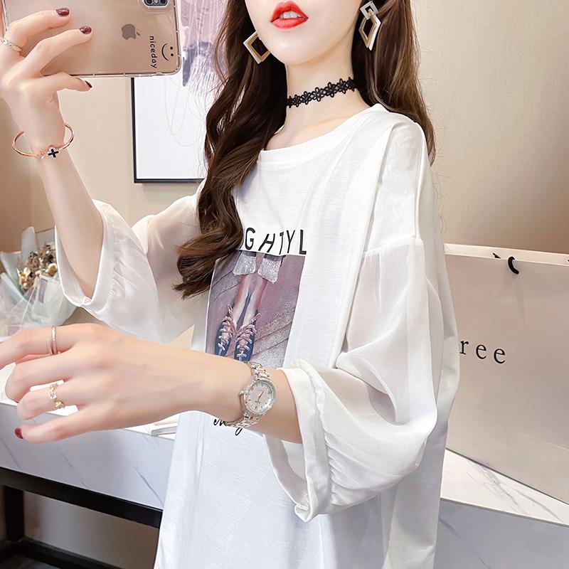 夏季韓版性感蕾絲露背圓領印花微透袖口上衣2色 M-2XL