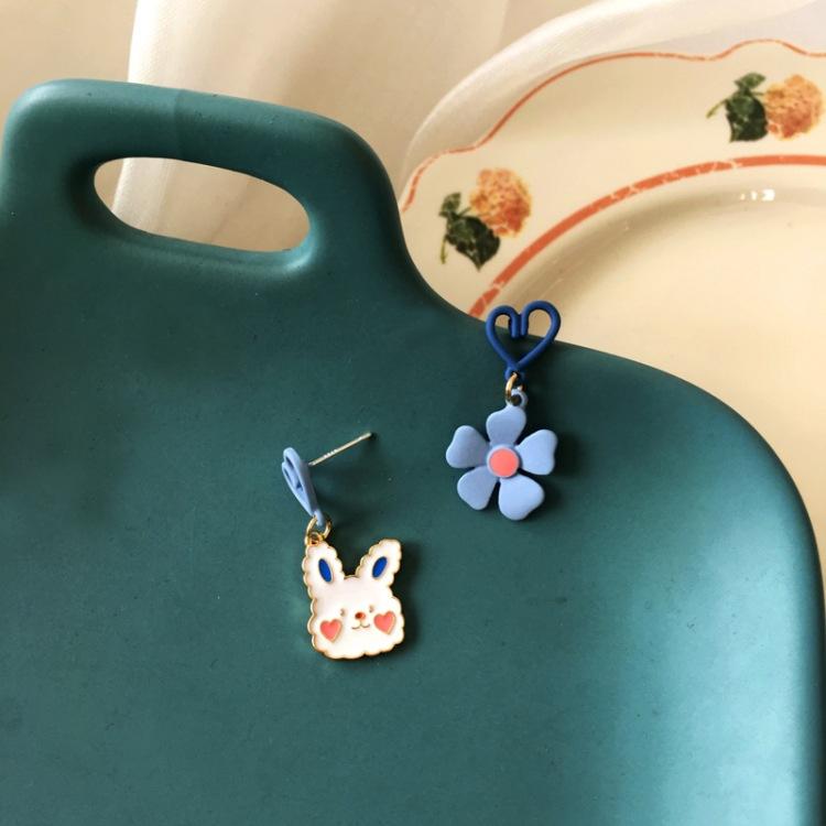自主設計S925銀針可愛小兔子耳環甜美愛心花朵不對稱耳環