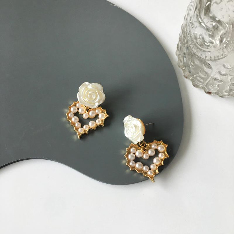 S925銀針法式複古百搭珍珠愛心唯美仙氣花朵耳環