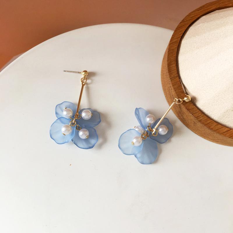 S925銀針清新可愛藍色花瓣唯美珍珠流蘇耳釘