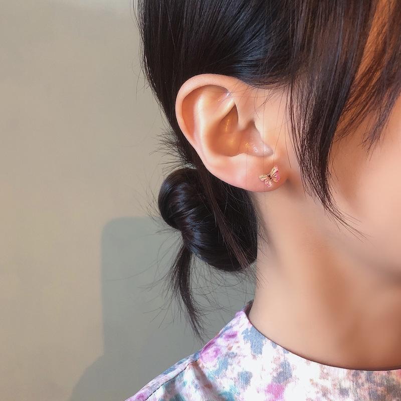 S925銀針夢幻少女仙氣蝴蝶簡約小巧彩色套裝耳釘