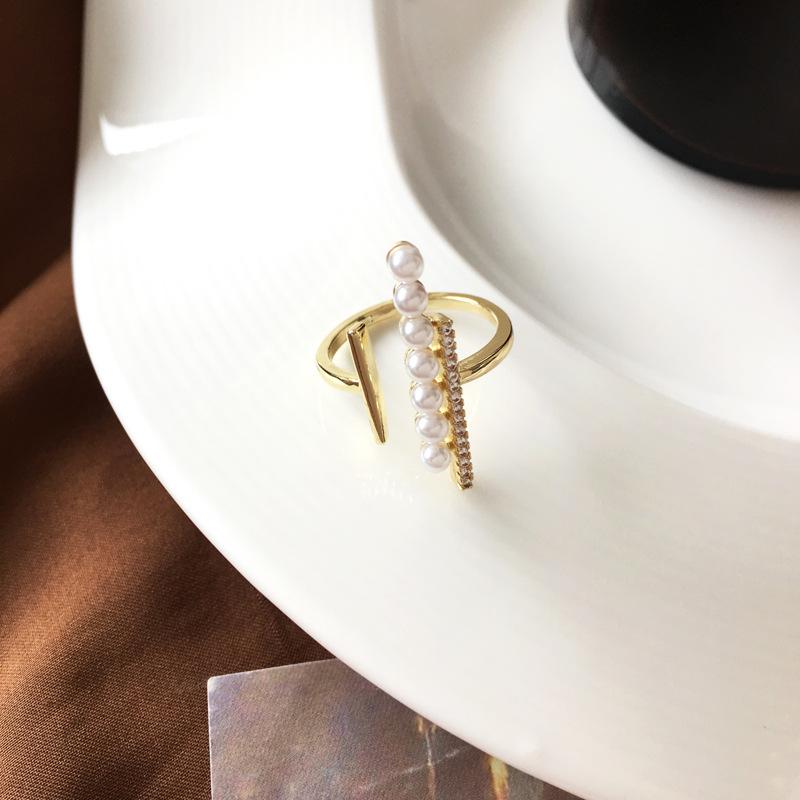 個性時尚設計一字珍珠鑲鑽氣質簡約時尚開口戒