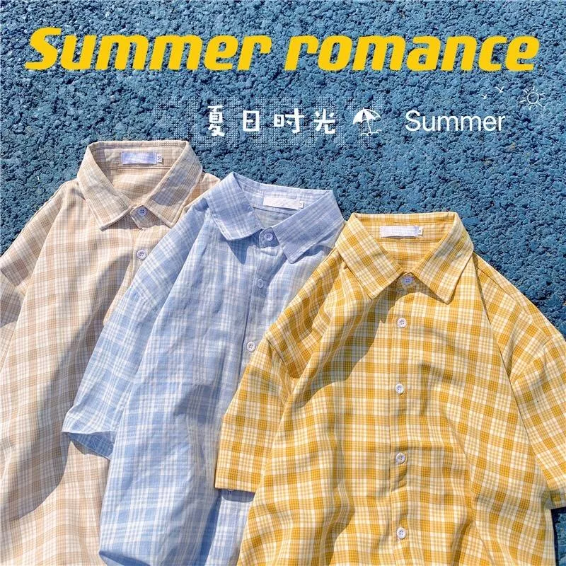 夏季格子休閒上衣寬鬆襯衫3色 M-2XL