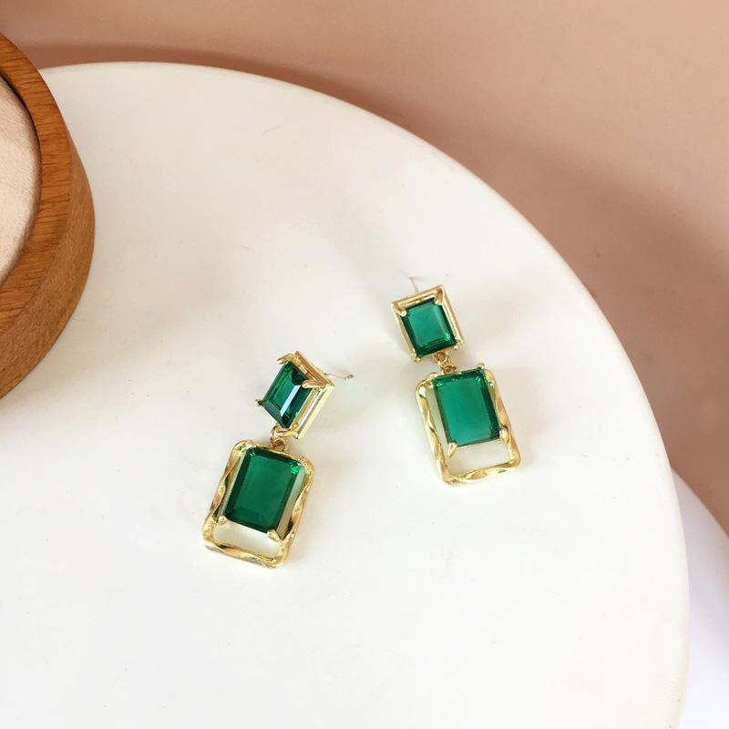 S925銀針復古透明祖母綠鋯石簡約時尚氣質輕奢耳環2色