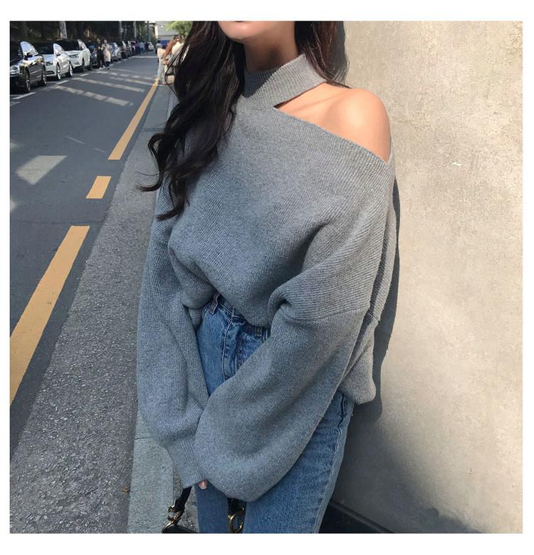 原版韓國東大門冬季新款側露肩寬鬆慵懶針織衫3色