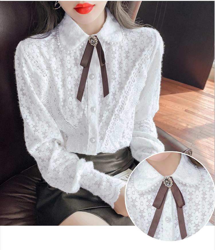 秋冬季新品洋氣娃娃珍珠領水貂絨蕾絲衫襯衫上衣2色 S-XL