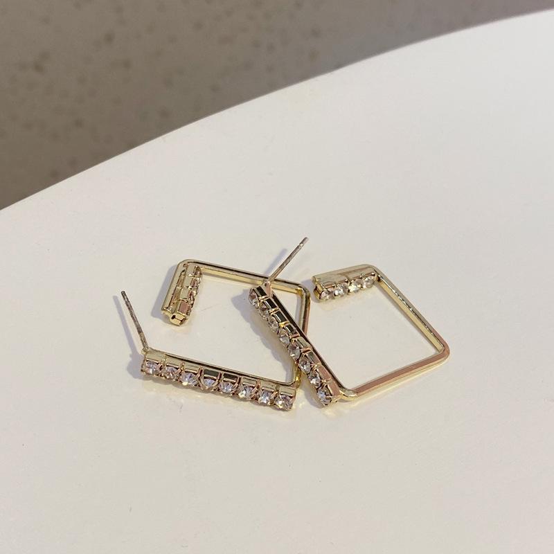S925銀針日韓ins風鑲鑽幾何圖案時尚個性金屬質感耳飾