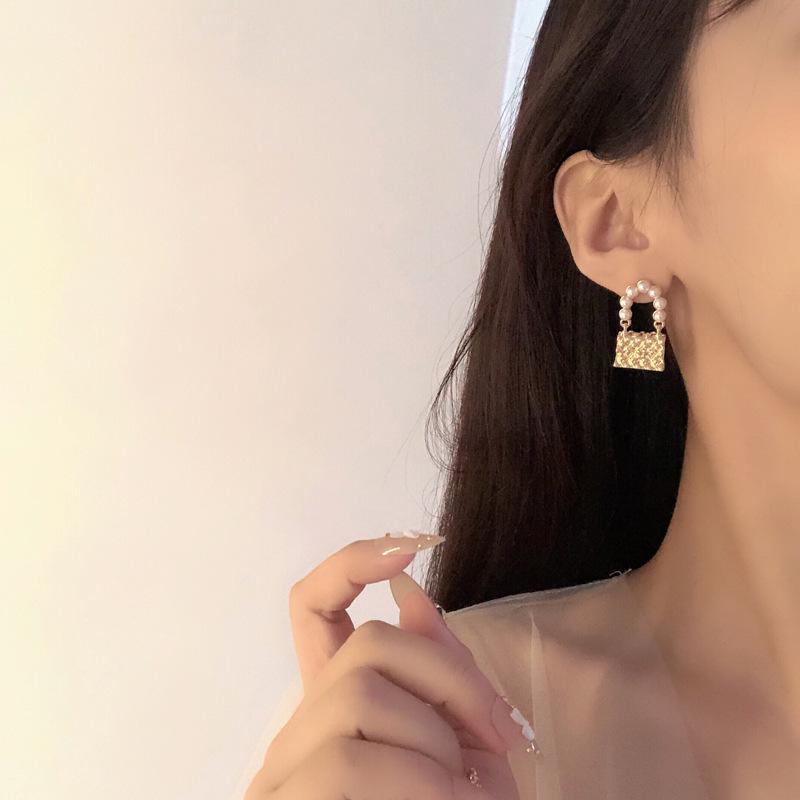 S925銀針日韓ins風珍珠包包時尚氣質巴洛克質感耳飾