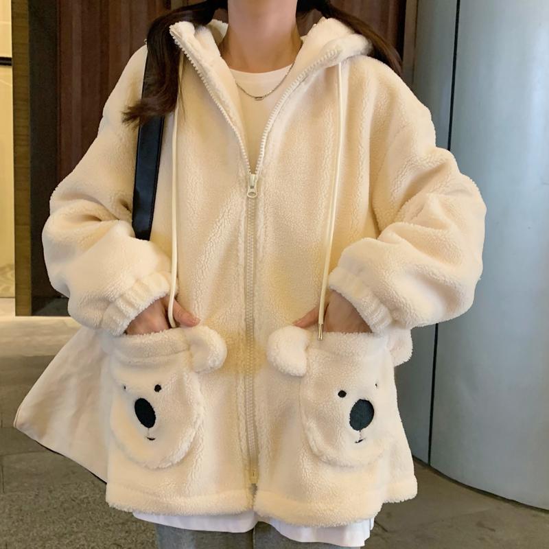 實拍日系少女學生羊羔絨小熊刺繡少女可愛連帽外套M-XL