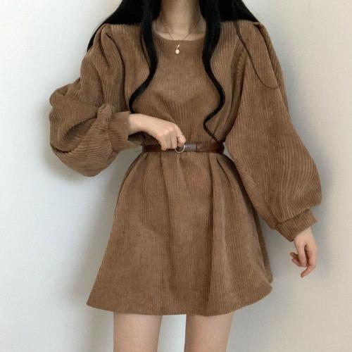 秋冬新款高冷氣質純欲風法式設計感小眾燈芯絨連衣裙3色 S-XL
