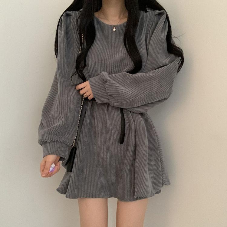 秋冬新款高冷氣質純欲風法式設計感小眾燈芯絨連衣裙3色 S-XL