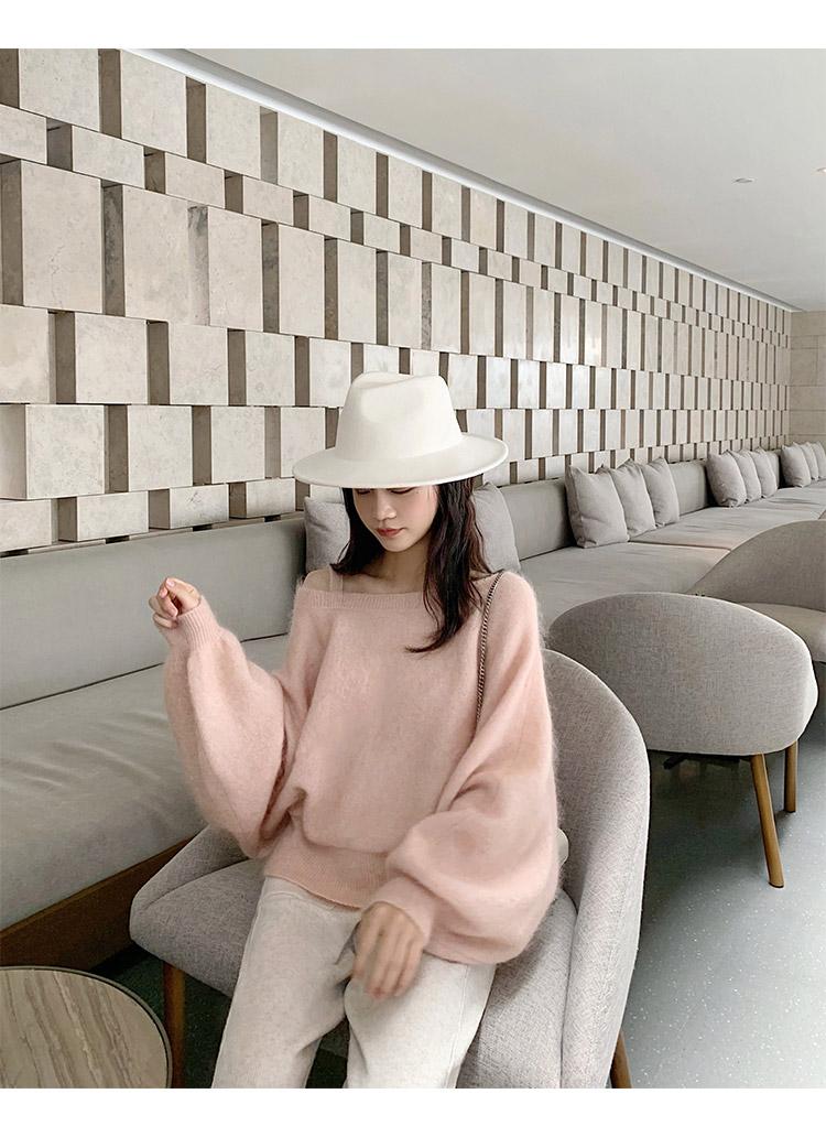 韓版寬鬆慵懶套頭燈籠袖一字肩粉色馬海毛毛衣