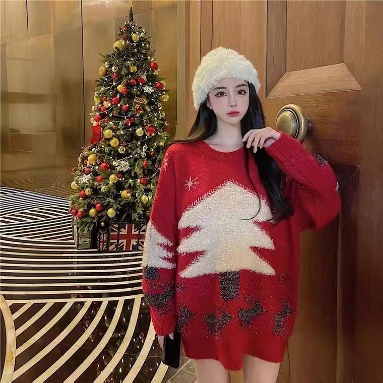 冬季優質厚板韓版聖誕樹寬鬆慵懶風休閒搭套頭毛衣2色