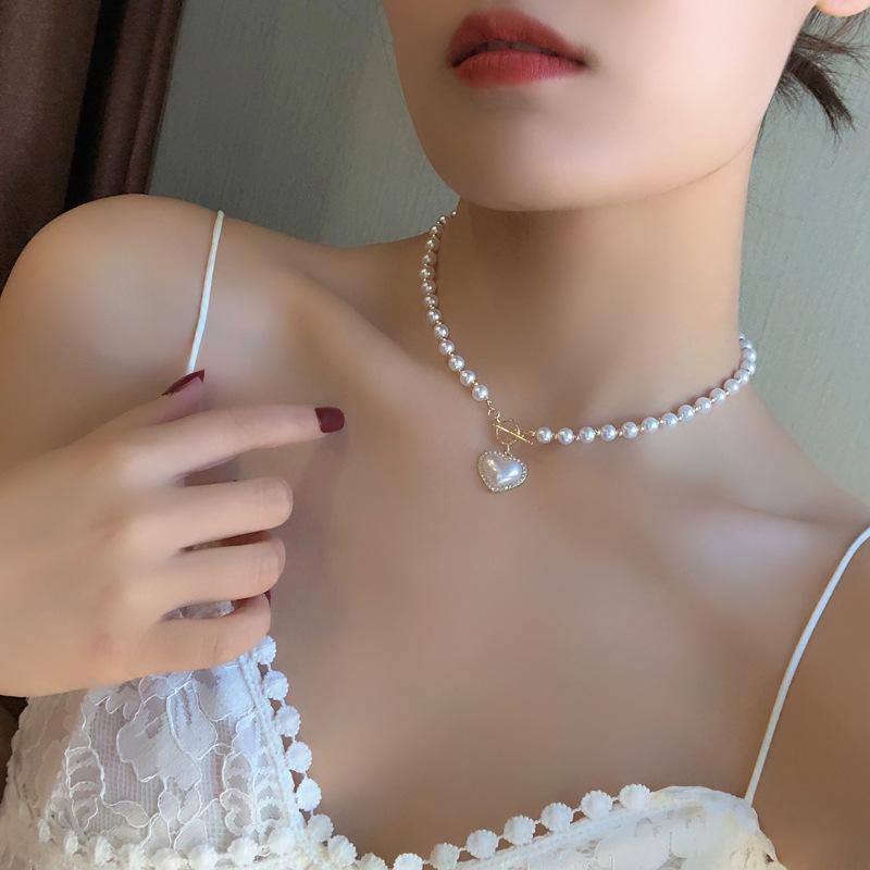 日韓ins風優雅仿珍珠心形項鍊時尚氣質端莊項飾