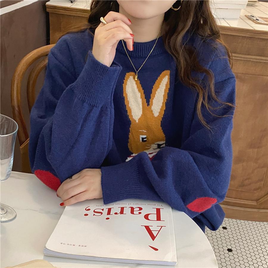 實拍！韓版愛心兔子藍色圓領寬鬆套頭毛衣