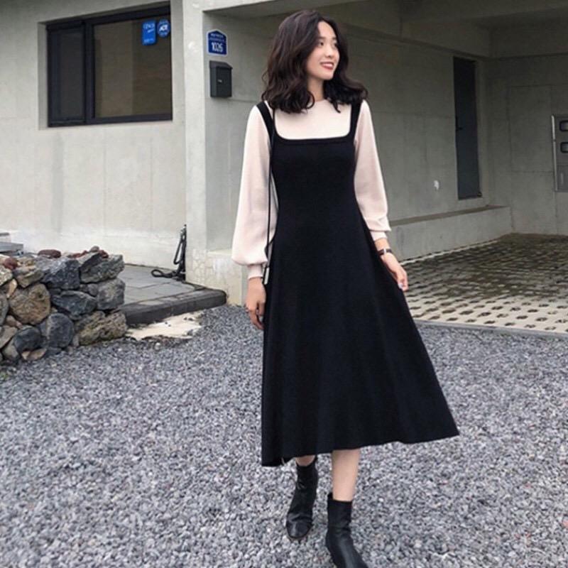 複合加絨黑色假兩件長裙秋冬季加絨顯瘦連衣裙 M-3XL