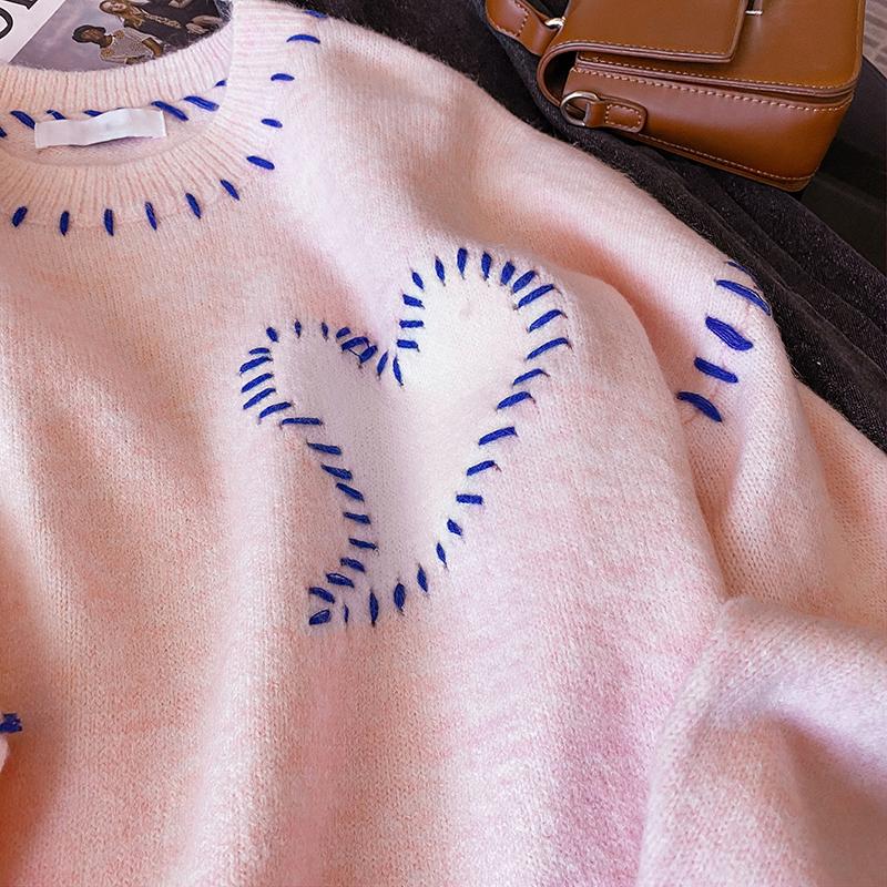 實拍毛衣粉色甜美針織衫秋冬設計感韓版長袖上衣