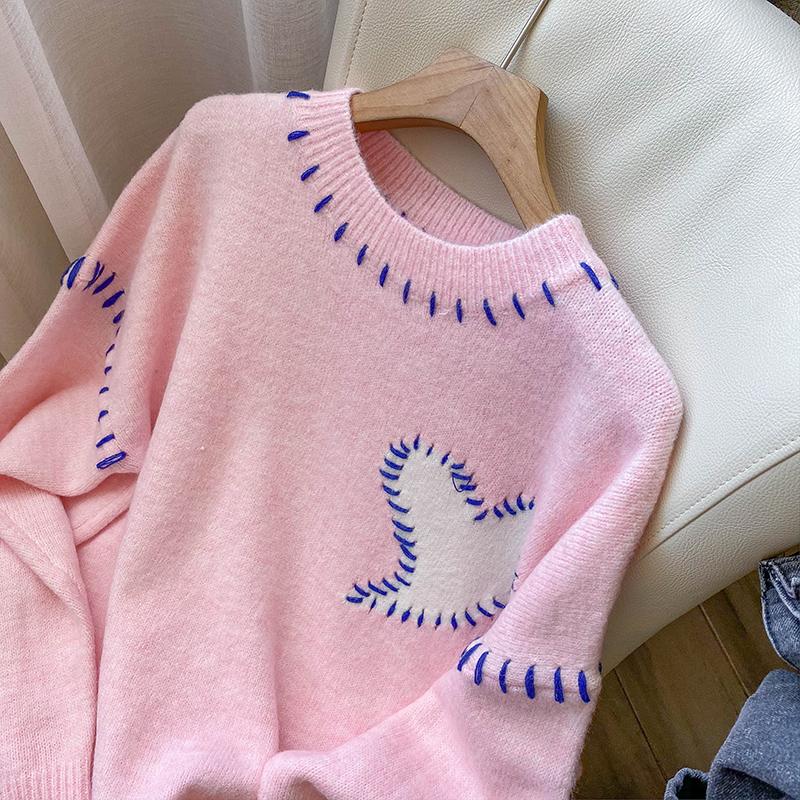 實拍毛衣粉色甜美針織衫秋冬設計感韓版長袖上衣