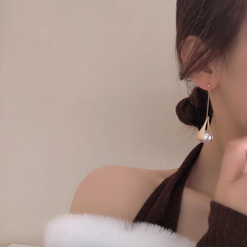 日韓風時尚電鍍仿珍珠長款耳環修頸顯白金屬耳飾