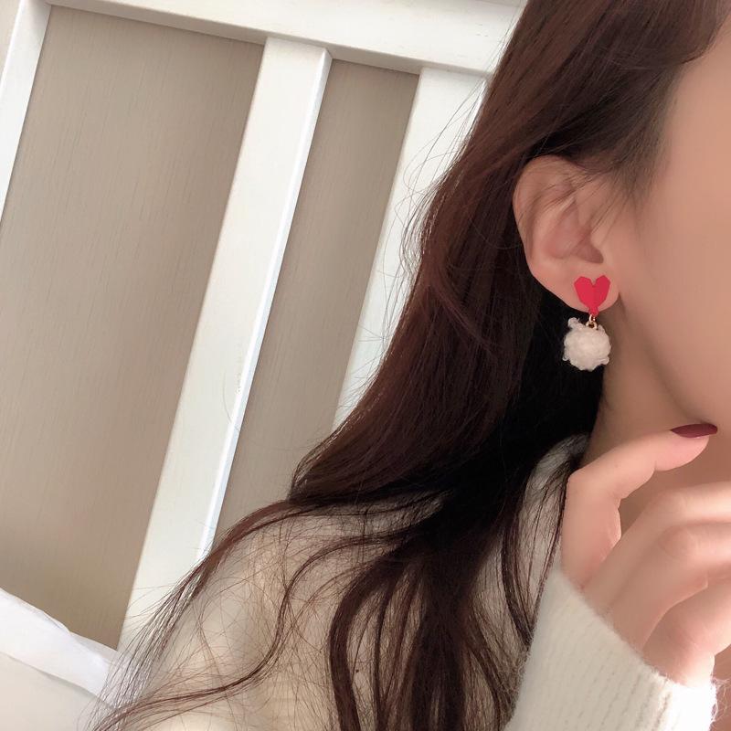 S925銀針韓國甜美紅色愛心秋冬新款毛線耳環