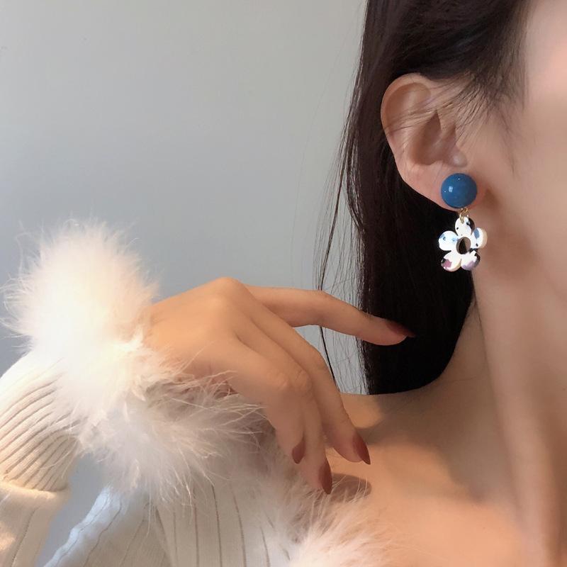 S925銀針日韓ins風復古彩繪花朵時尚清新耳飾