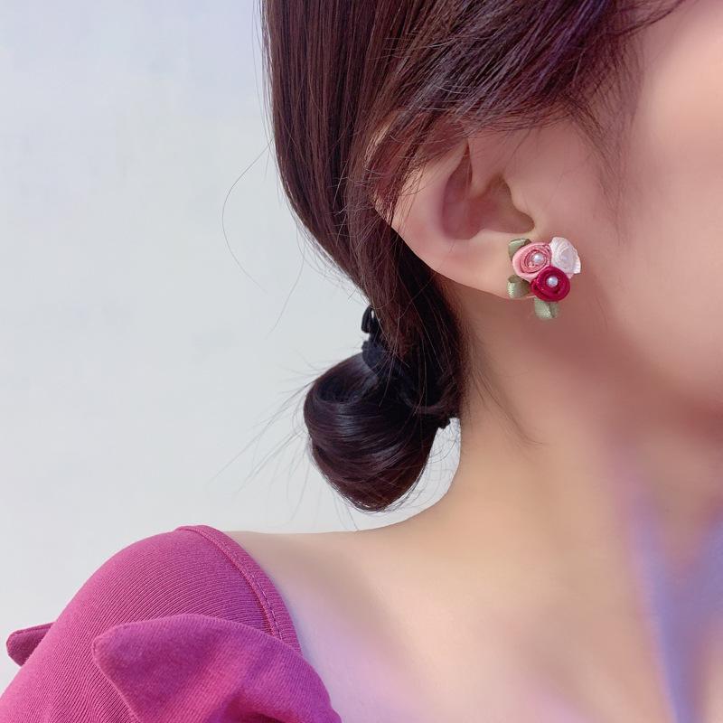 S925銀針小清新彩色花朵日韓甜美少女珍珠耳環