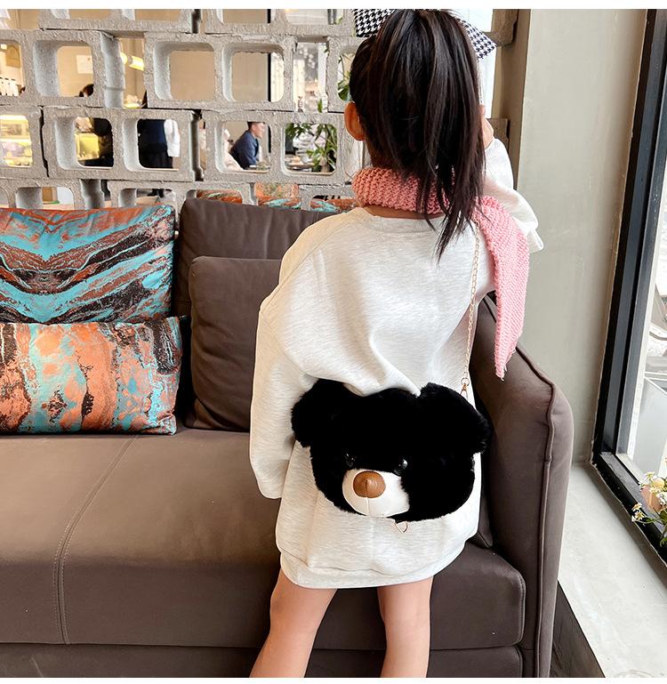 卡通可愛毛絨熊頭包包冬季日韓甜美兒童斜挎包6色
