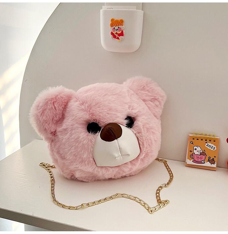 卡通可愛毛絨熊頭包包冬季日韓甜美兒童斜挎包6色