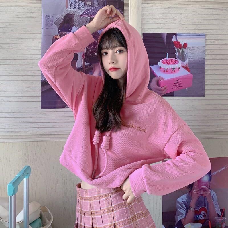韓版粉色刺繡短款連帽衛衣