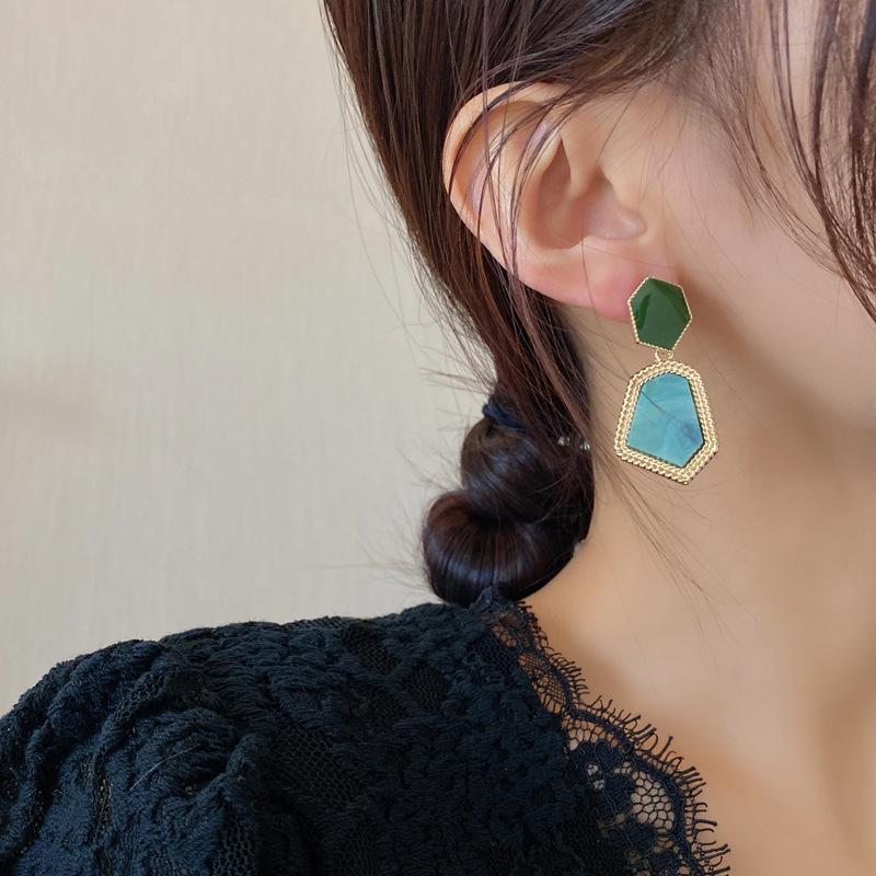 韓國簡約氣質時尚多邊形幾何綠色耳環耳墜