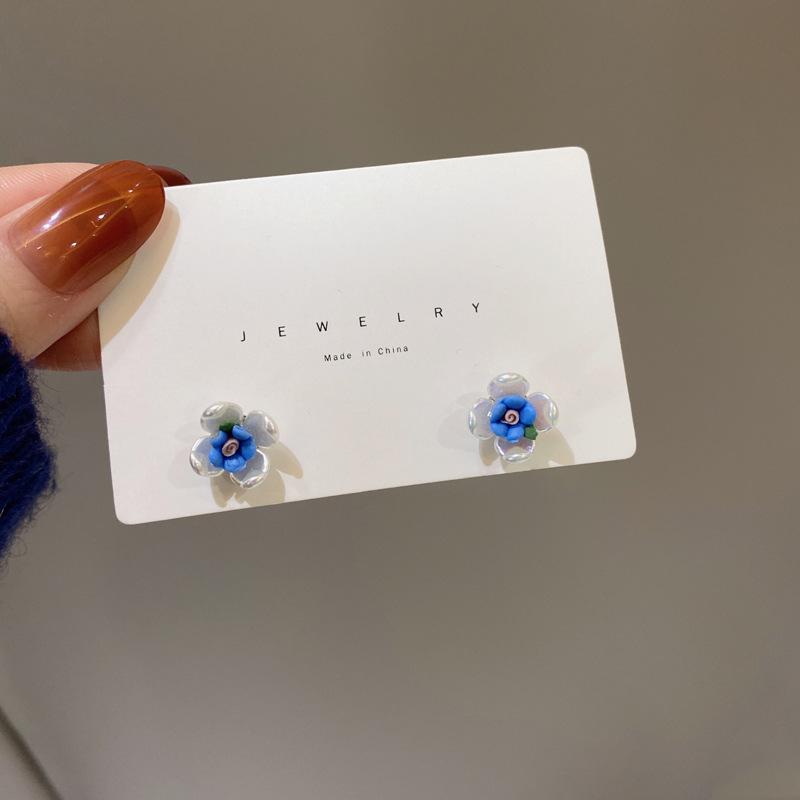 S925銀針藍白撞色花朵簡約小巧耳釘