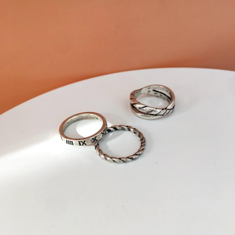 三件套戒指復古做舊感刻字條紋個性時尚潮流戒指組