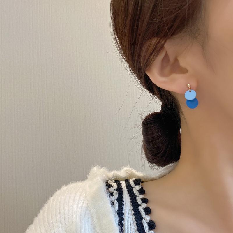 S925銀針日韓簡約個性撞色圓片藍色耳釘