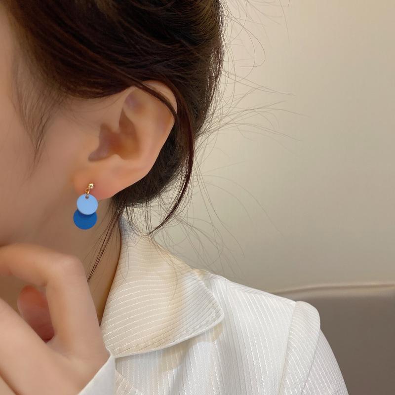 S925銀針日韓簡約個性撞色圓片藍色耳釘
