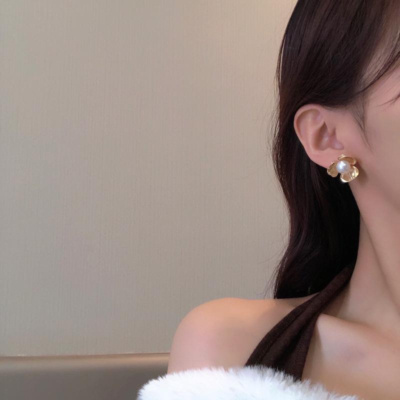 S925銀針時尚珍珠撞色花朵耳環仙氣優雅耳飾