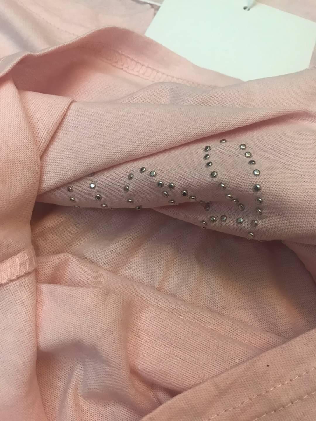 重工釘珠粉色花邊袖設計短T