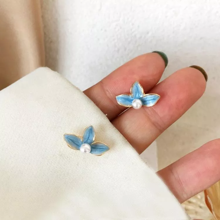 S925銀針清新唯美藍色滴油花朵簡約小巧耳釘耳夾