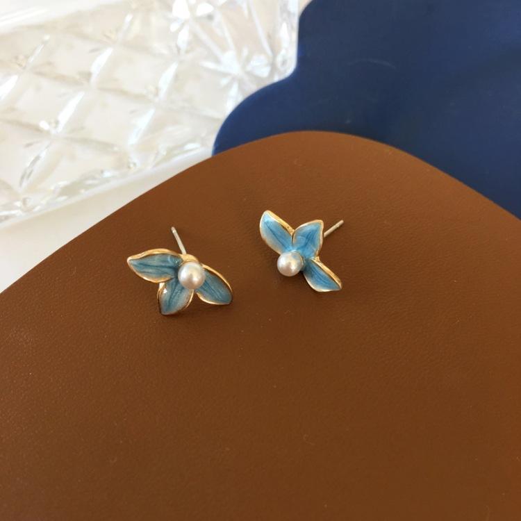 S925銀針清新唯美藍色滴油花朵簡約小巧耳釘耳夾