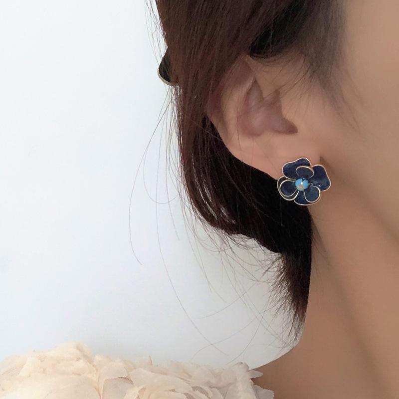 S925銀針復古時尚撞色藍色花朵耳釘