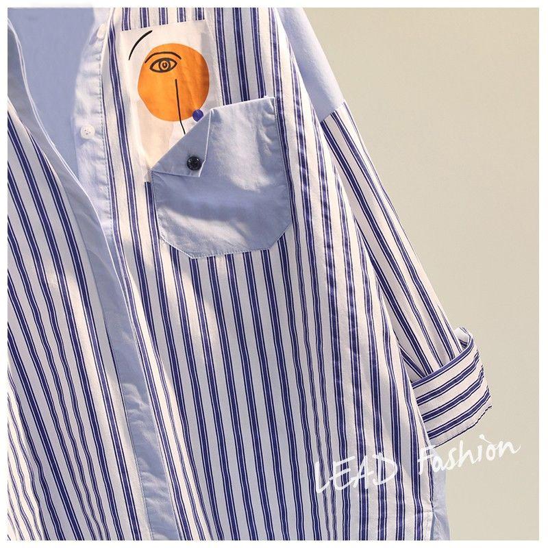 藍色條紋拼色中長款襯衫夏季寬鬆休閒 S-XL