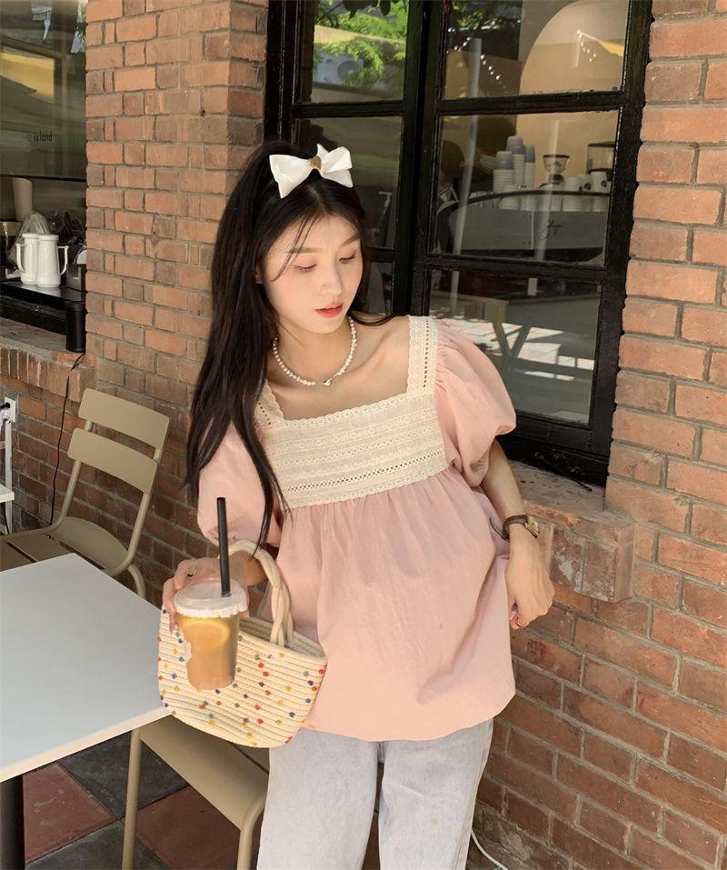 夏季韓版蕾絲方領泡泡袖寬鬆娃娃衫襯衫2色 S-XL