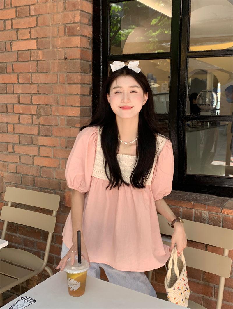 夏季韓版蕾絲方領泡泡袖寬鬆娃娃衫襯衫2色 S-XL