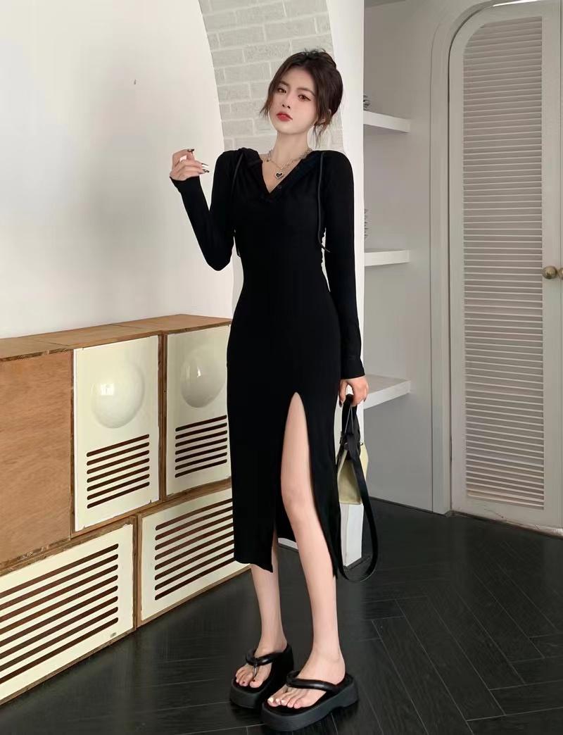 2022年新款秋季韓版女裝設計感開叉包臀長裙連帽連衣裙2色 S-XL