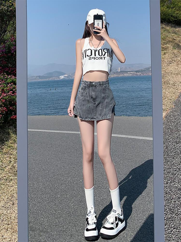 黑灰色半身牛仔褲裙夏季高腰a字設計感小眾熱褲 S-XL