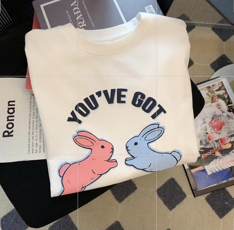 夏季新款小眾設計感寬鬆白色兔子字母短袖T恤 S-3XL