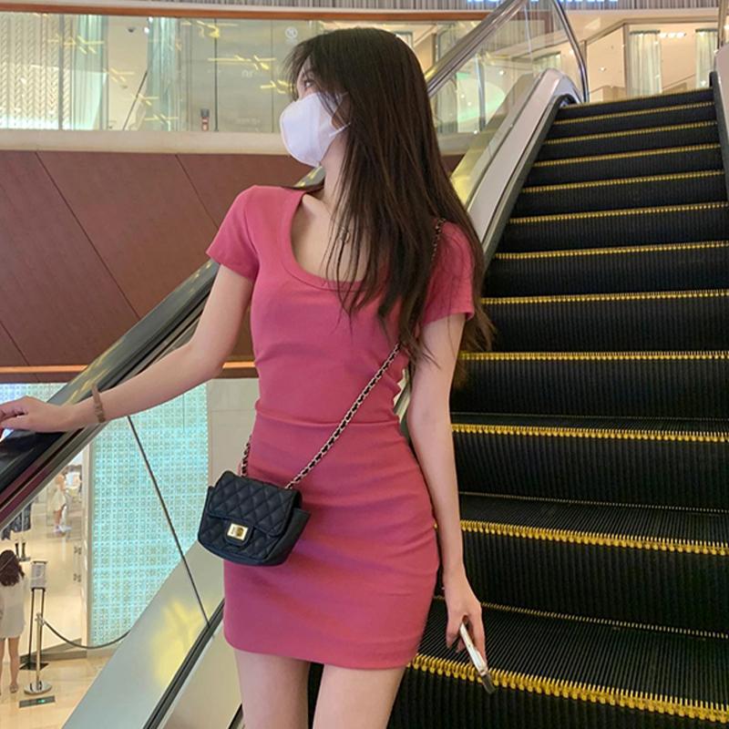 粉色連衣裙春夏高級感欲風包臀短裙子 S-XL